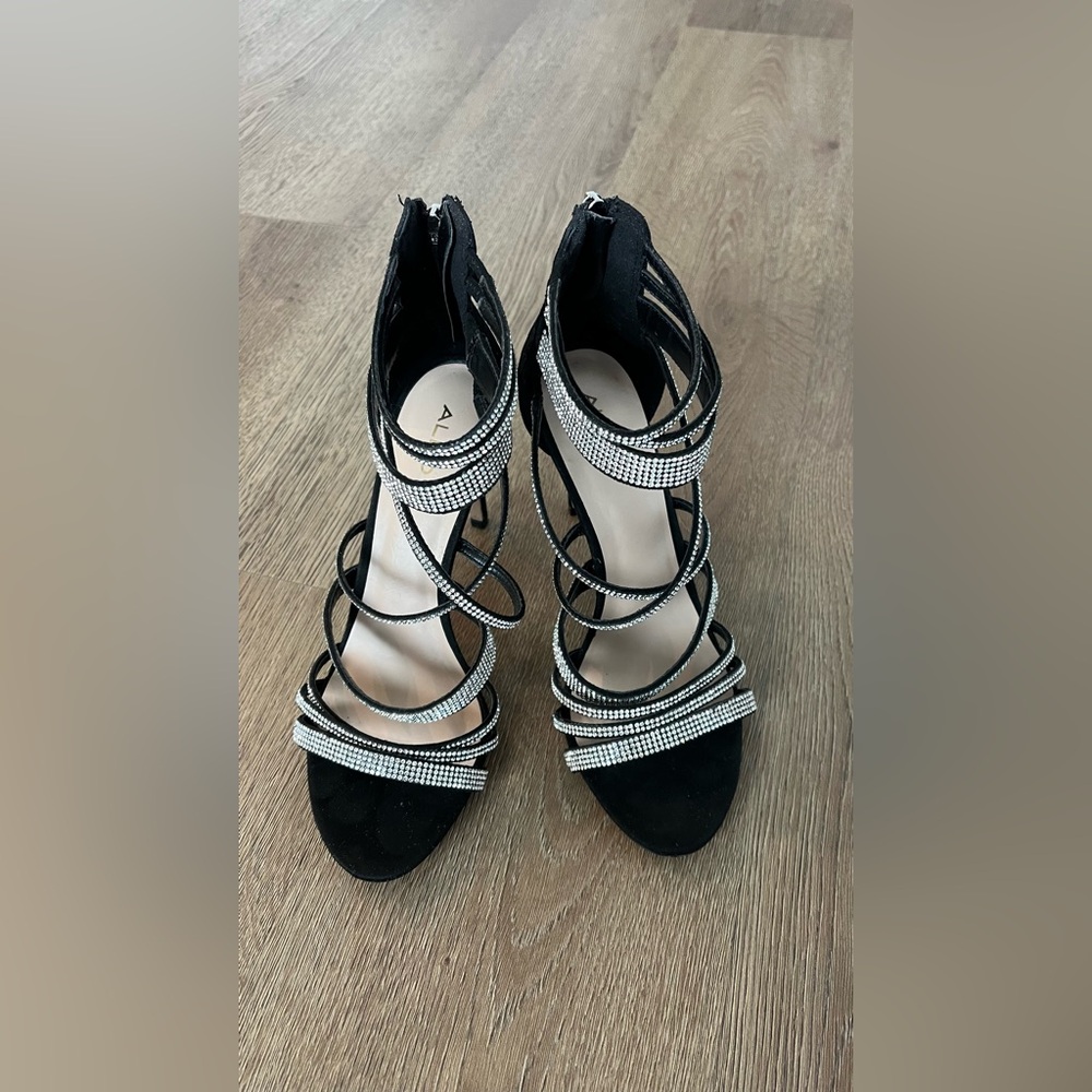 ALDO Strappy Black Heels with Rhinestones – Size 8.5, Excellent Condition